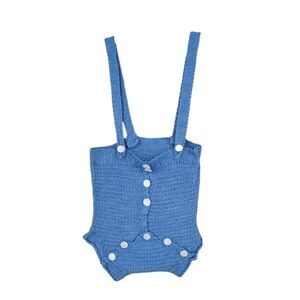 Vintage Blue Hand Crochet Knit Baby Romper Bubble Overalls Jon Jons